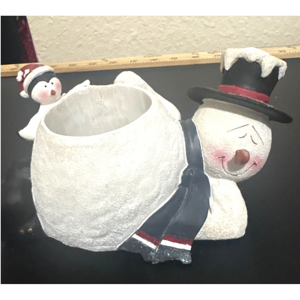 Henton Snowman and Penguin Resin Votive Candle Holder Christmas Winter Decor 7in